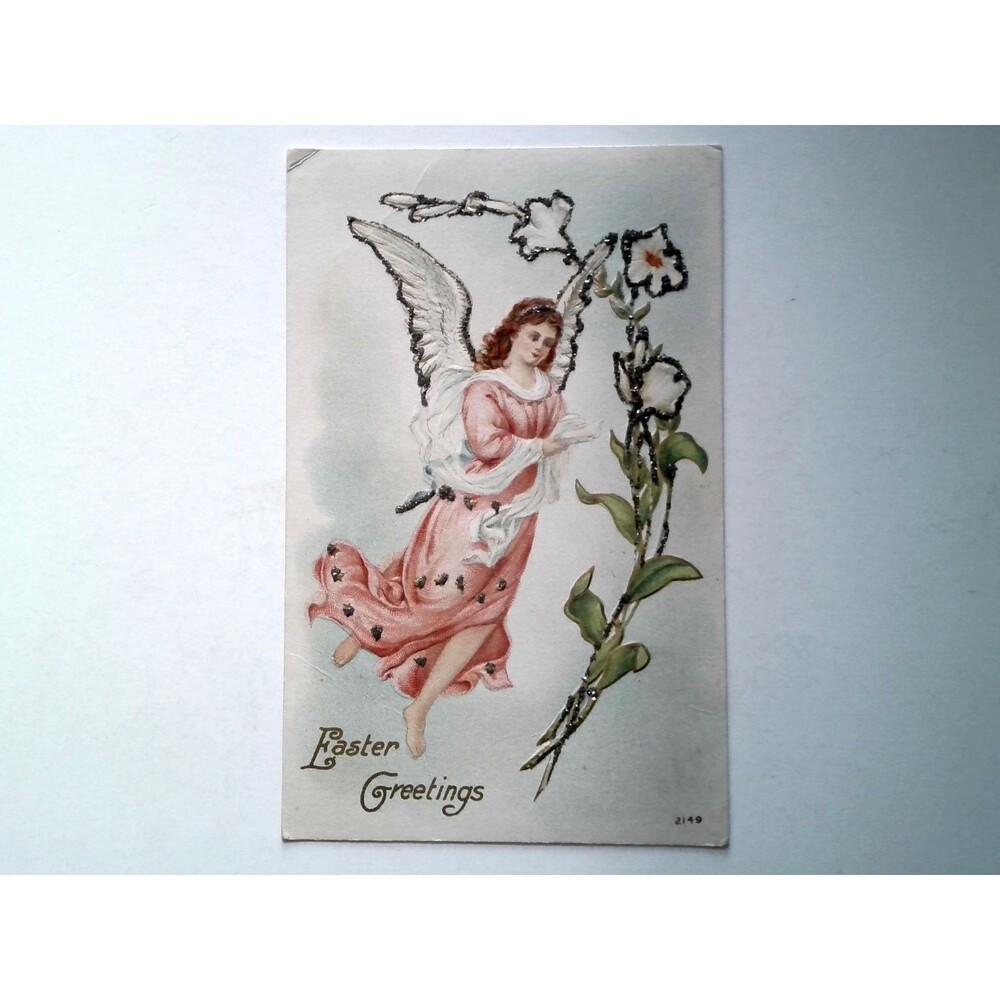 Vintage Easter Angel Postcard Glitter Embossed Flowers Greetings Santa Rita CA